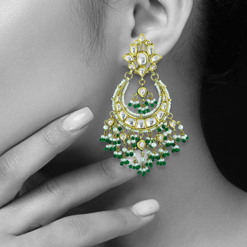 Chandbali Earrings with Polki, Green Beads, and Pearls
